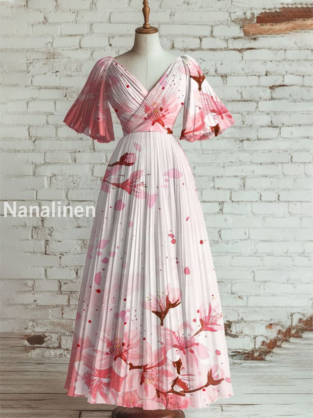 Women’s Vintage Floral Art Print V Neck Short Sleeve Elegant Midi Dress A / S