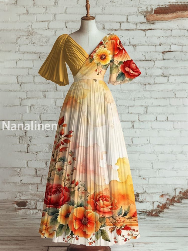 Women’s Vintage Floral Art Print V Neck Short Sleeve Elegant Midi Dress A / S