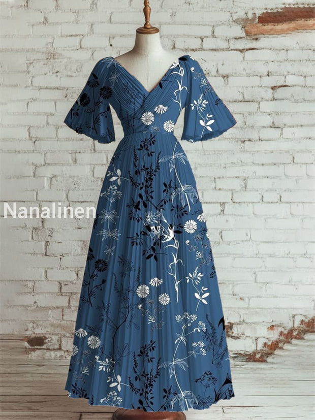 Women’s Vintage Floral Art Print V Neck Short Sleeve Elegant Midi Dress A / S