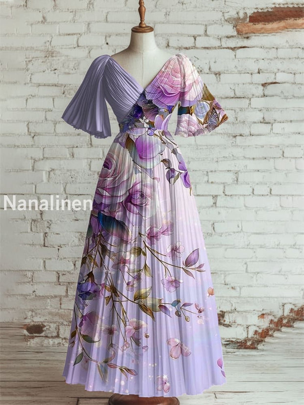 Women’s Vintage Floral Art Print V Neck Short Sleeve Elegant Midi Dress A / S