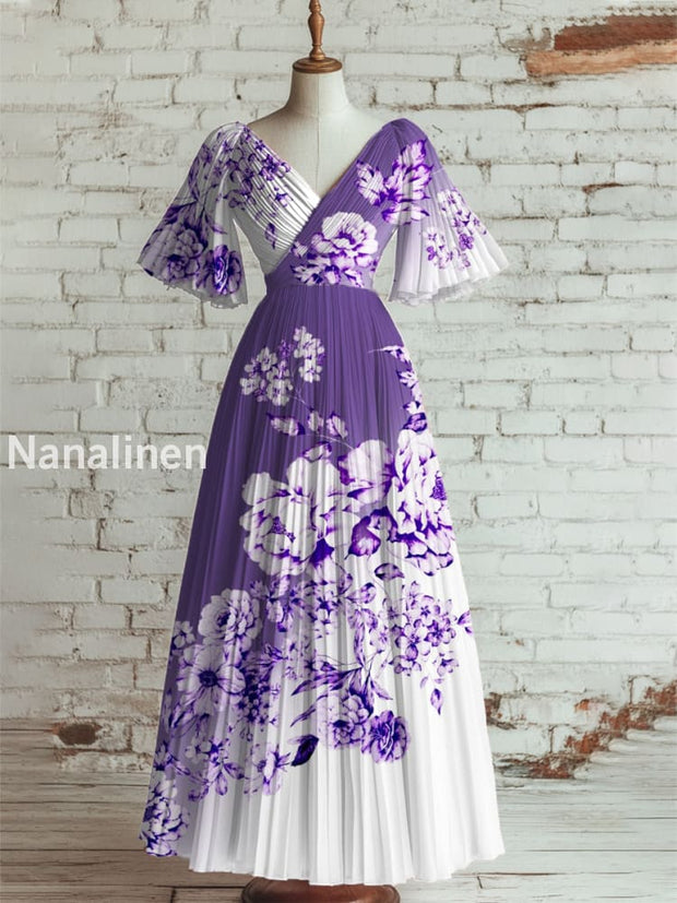 Women’s Vintage Floral Art Print V Neck Short Sleeve Elegant Midi Dress A / S