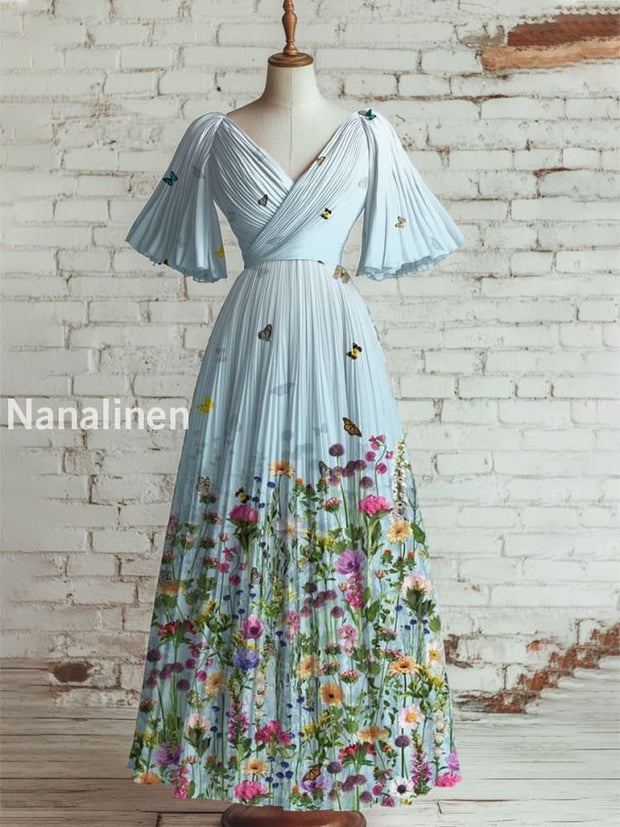 Women’s Vintage Floral Art Print V Neck Short Sleeve Elegant Midi Dress A / S