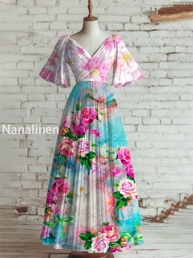 Women’s Vintage Floral Art Print V Neck Short Sleeve Elegant Midi Dress A / S