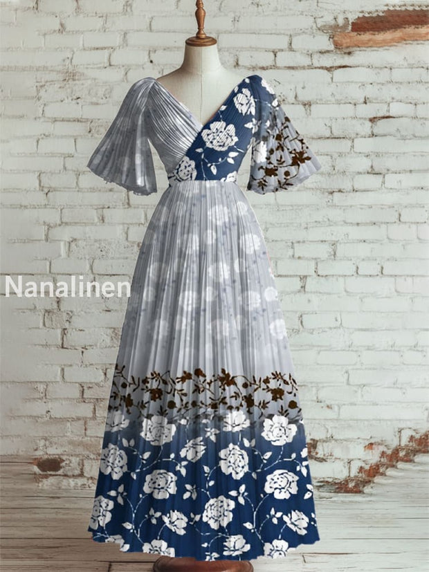 Women’s Vintage Floral Art Print V Neck Short Sleeve Elegant Midi Dress A / S