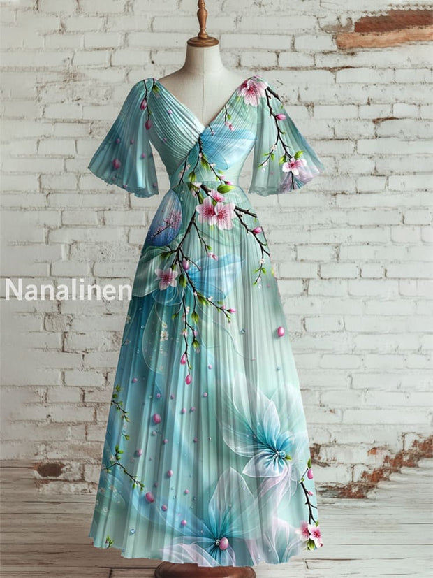 Women’s Vintage Floral Art Print V Neck Short Sleeve Elegant Midi Dress A / S