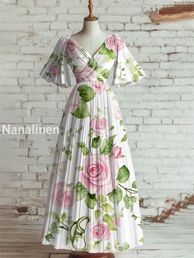 Women’s Vintage Floral Art Print V Neck Short Sleeve Elegant Midi Dress A / S
