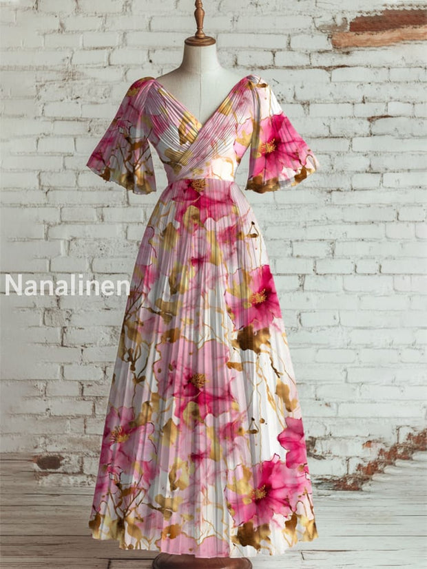 Women’s Vintage Floral Art Print V Neck Short Sleeve Elegant Midi Dress A / S