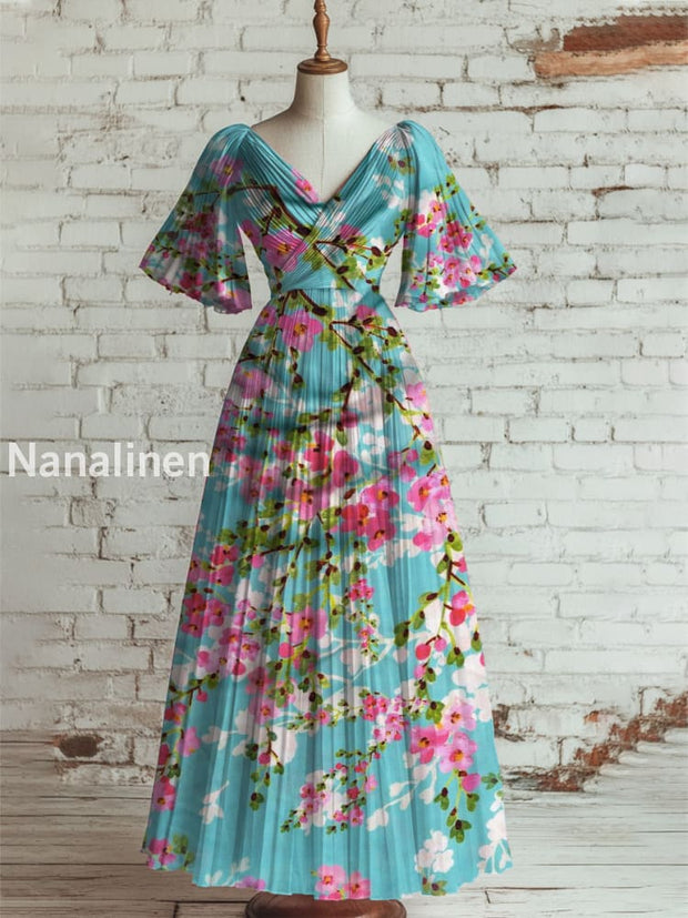 Women’s Vintage Floral Art Print V Neck Short Sleeve Elegant Midi Dress A / S