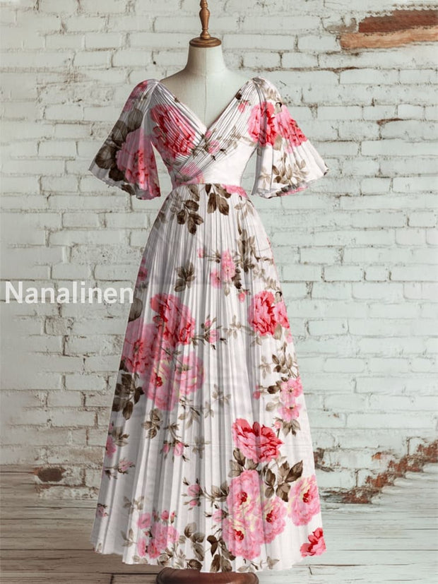 Women’s Vintage Floral Art Print V Neck Short Sleeve Elegant Midi Dress A / S