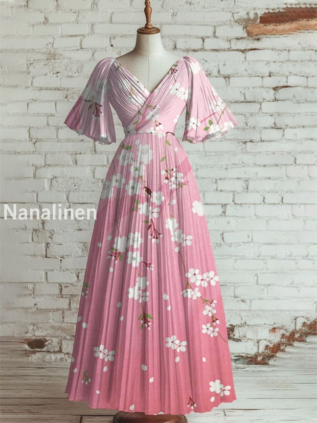 Women’s Vintage Floral Art Print V Neck Short Sleeve Elegant Midi Dress A / S