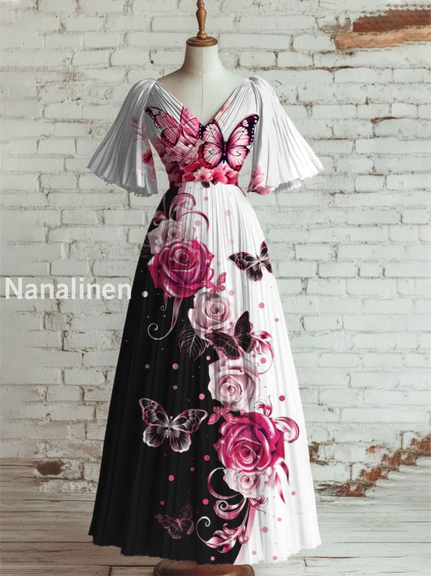 Women’s Vintage Floral Art Print V Neck Short Sleeve Elegant Midi Dress A / S