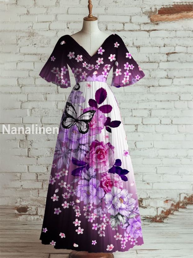 Women’s Vintage Floral Art Print V Neck Short Sleeve Elegant Midi Dress A / S