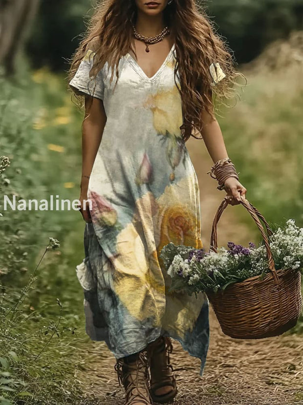 Women’s Vintage Floral Pattern Art Print Causal Cotton Dresses Colorful / S