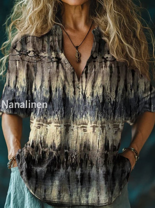 Women’s Vintage Floral Print Casual Long Sleeve Comfortable Cotton Shirt Black-Brown / S