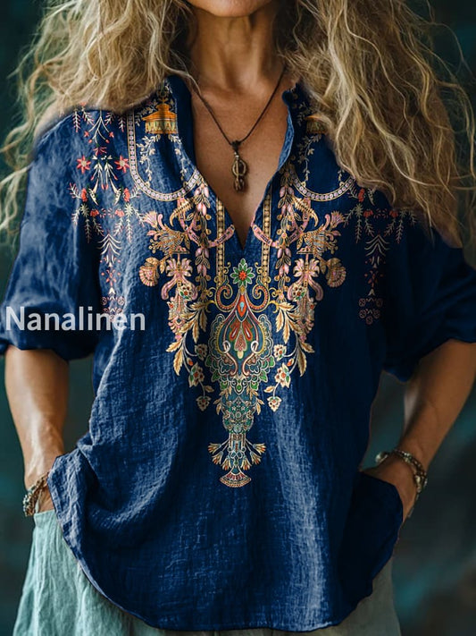 Women’s Vintage Floral Print Casual Long Sleeve Comfortable Cotton Shirt Blue / S