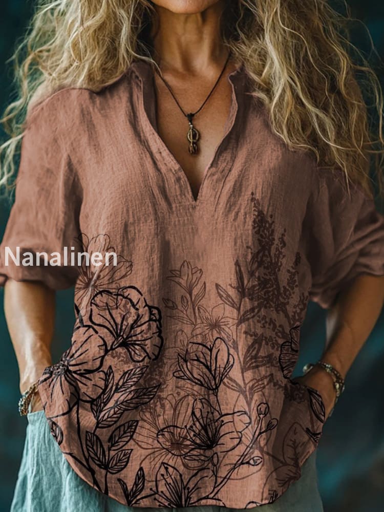 Women’s Vintage Floral Print Casual Long Sleeve Comfortable Cotton Shirt Brown / S