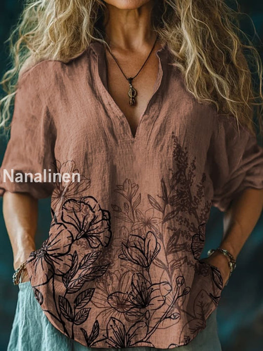 Women’s Vintage Floral Print Casual Long Sleeve Comfortable Cotton Shirt Brown / S