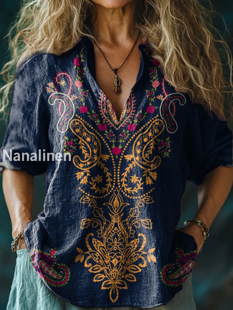 Women’s Vintage Floral Print Casual Long Sleeve Comfortable Cotton Shirt Navy Blue / S