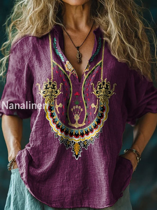 Women’s Vintage Floral Print Casual Long Sleeve Comfortable Cotton Shirt Purple / S