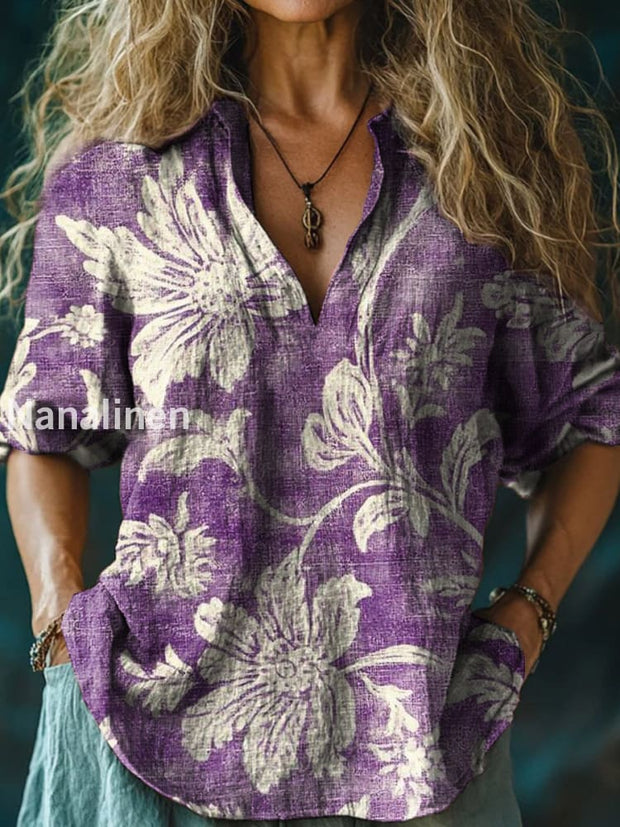 Women’s Vintage Floral Print Casual Long Sleeve Comfortable Cotton Shirt Purple / S