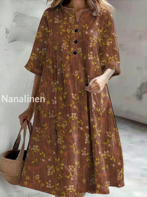 Women’s Vintage Floral Print Casual V-Neck Midi Sleeve Button Dress Colorful / S