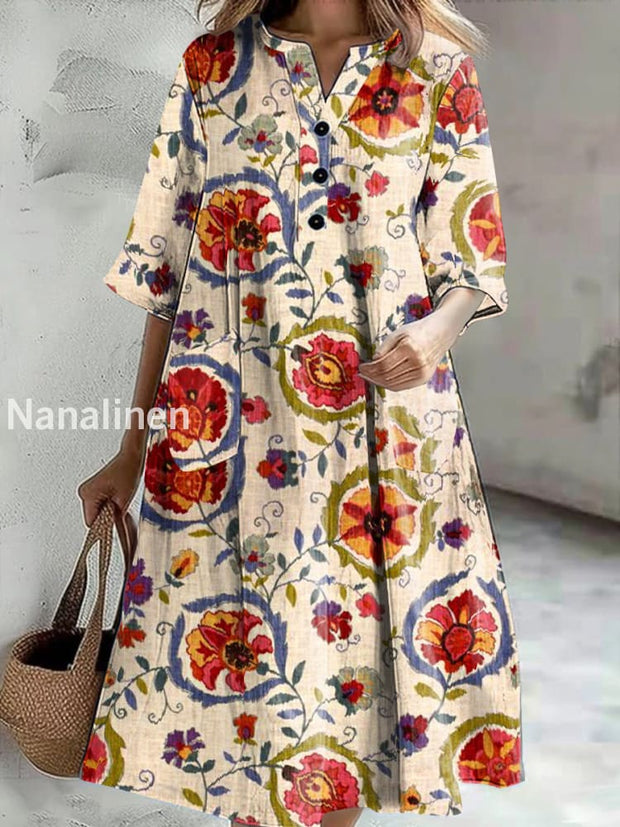 Women’s Vintage Floral Print Casual V-Neck Midi Sleeve Button Dress Colorful / S