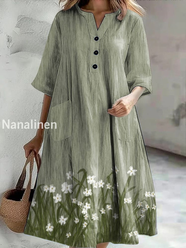 Women’s Vintage Floral Print Casual V-Neck Midi Sleeve Button Dress Colorful / S
