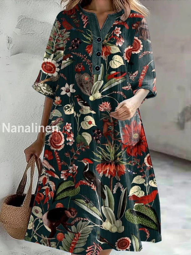 Women’s Vintage Floral Print Casual V-Neck Midi Sleeve Button Dress Colorful / S