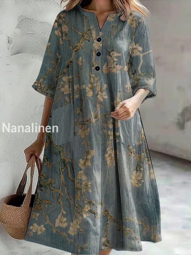 Women’s Vintage Floral Print Casual V-Neck Midi Sleeve Button Dress Colorful / S
