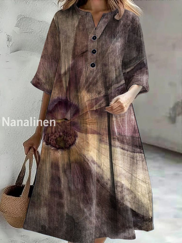Women’s Vintage Floral Print Casual V-Neck Midi Sleeve Button Dress Colorful / S