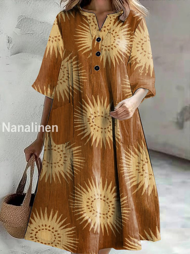 Women’s Vintage Floral Print Casual V-Neck Midi Sleeve Button Dress Colorful / S