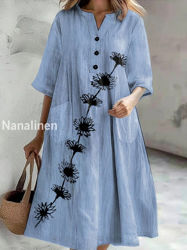 Women’s Vintage Floral Print Casual V-Neck Midi Sleeve Button Dress Colorful / S