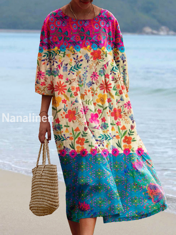 Women’s Vintage Floral Print Chic Round Neck Bohemian Elegant Midi A / S