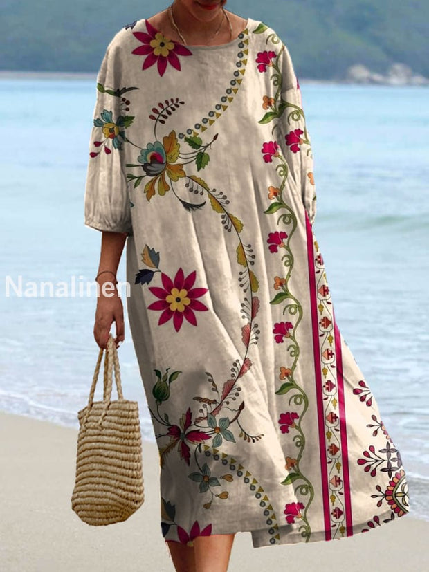 Women’s Vintage Floral Print Chic Round Neck Bohemian Elegant Midi A / S