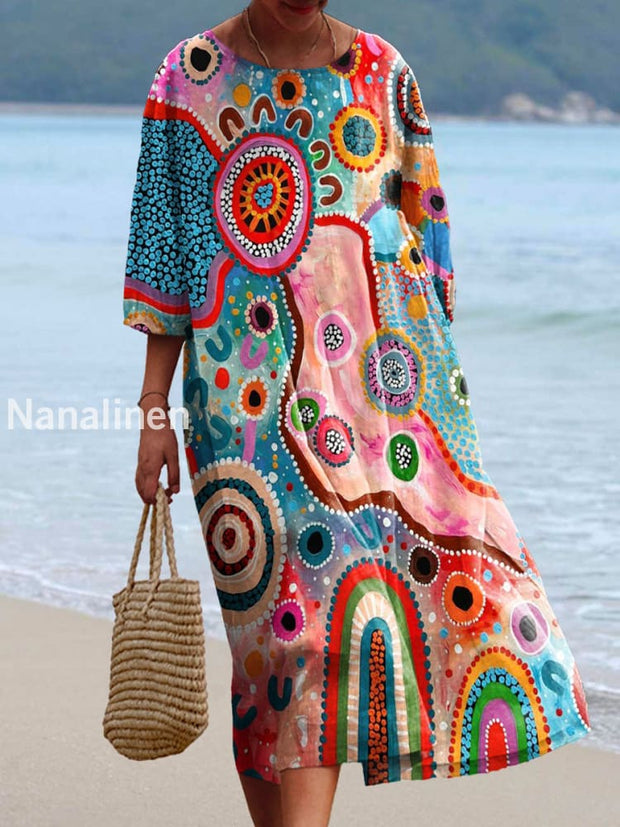 Women’s Vintage Floral Print Chic Round Neck Bohemian Elegant Midi A / S