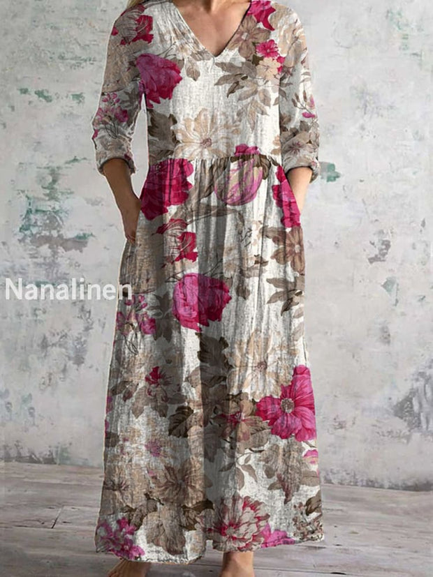 Women’s Vintage Floral Print Chic V-Neck Bohemian Elegant Midi A / S