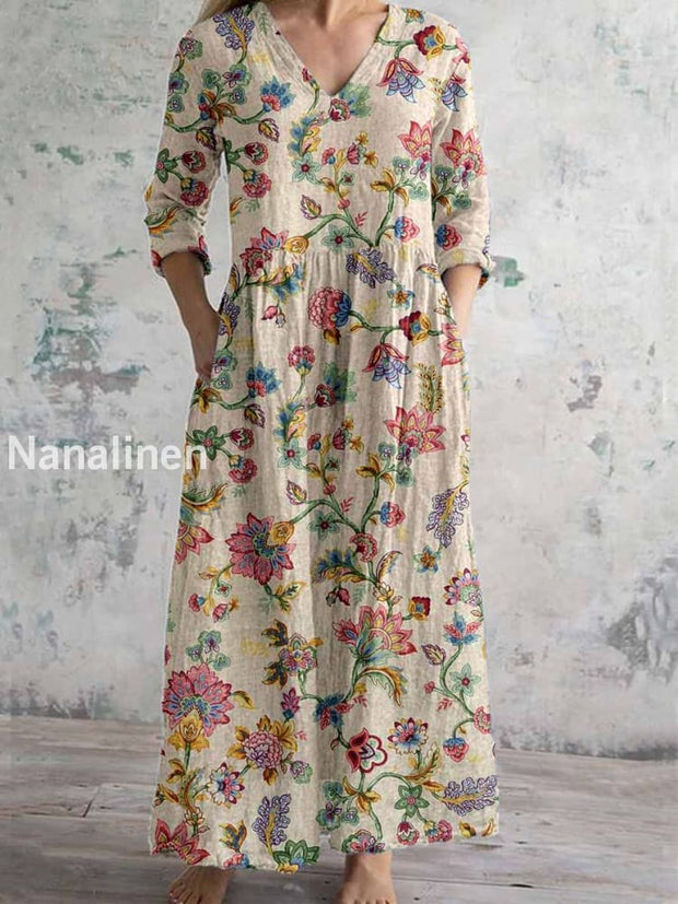 Women’s Vintage Floral Print Chic V-Neck Bohemian Elegant Midi A / S