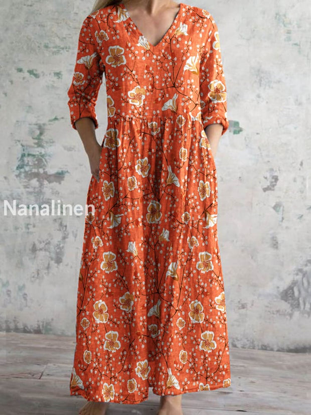 Women’s Vintage Floral Print Chic V-Neck Bohemian Elegant Midi A / S