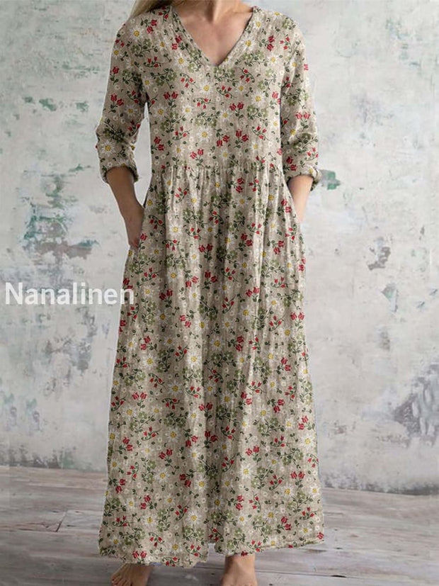 Women’s Vintage Floral Print Chic V-Neck Bohemian Elegant Midi A / S