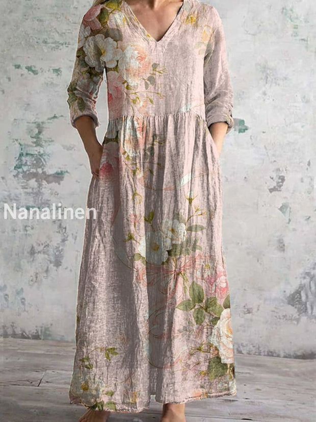 Women’s Vintage Floral Print Chic V-Neck Bohemian Elegant Midi A / S