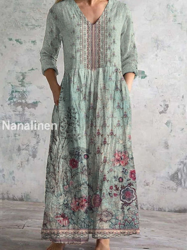 Women’s Vintage Floral Print Chic V-Neck Bohemian Elegant Midi A / S