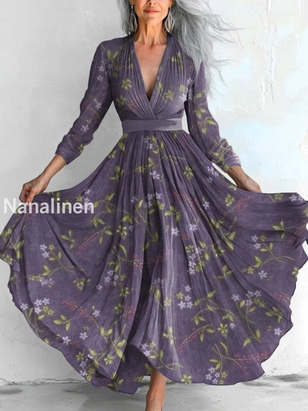 Women`s Vintage Floral Print Cotton Casual V-neck Dress Purple / S