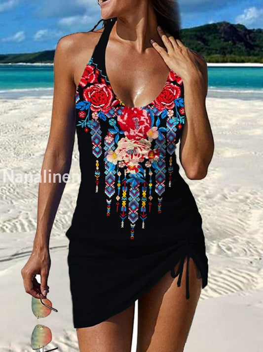 Women’s Vintage Floral Print Pleated V-Neck Casual Swimsuit A / S