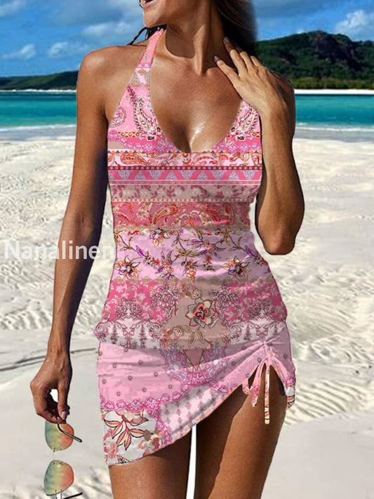 Women’s Vintage Floral Print Pleated V-Neck Casual Swimsuit A / S