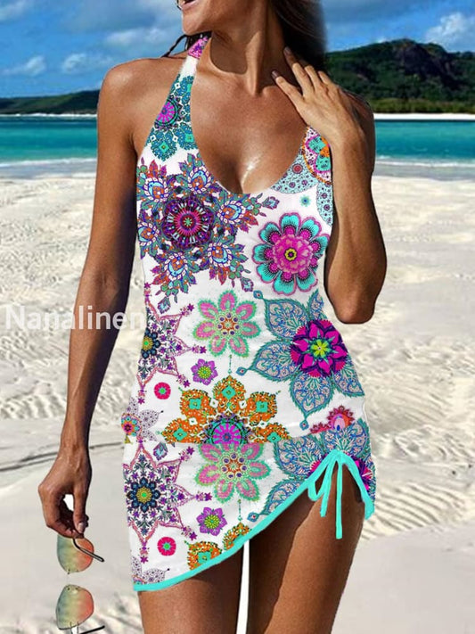 Women’s Vintage Floral Print Pleated V-Neck Casual Swimsuit A / S