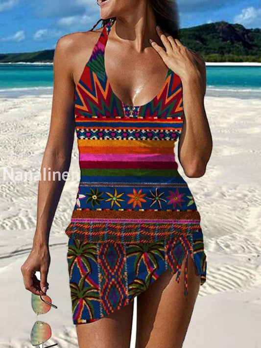Women’s Vintage Floral Print Pleated V-Neck Casual Swimsuit A / S