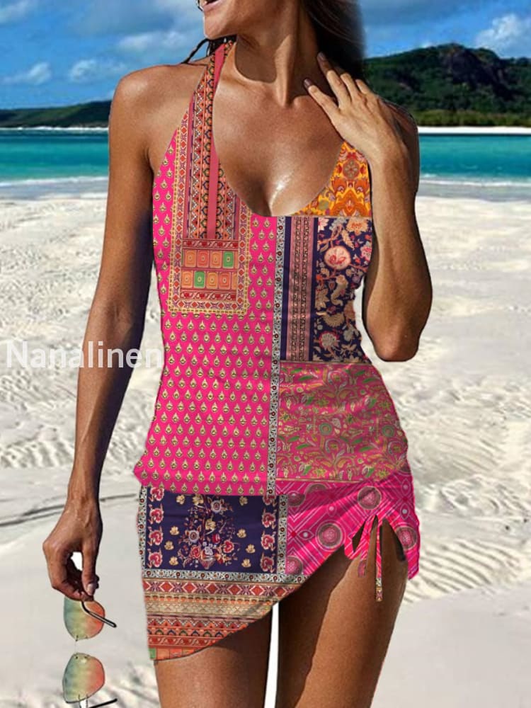 Women’s Vintage Floral Print Pleated V-Neck Casual Swimsuit A / S