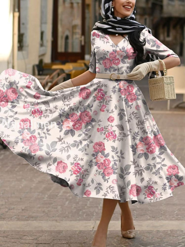 Women’s Vintage Floral Print Pocket Cotton Elegant Midi Dress A / S