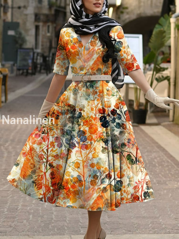 Women’s Vintage Floral Print Pocket Cotton Elegant Midi Dress A / S