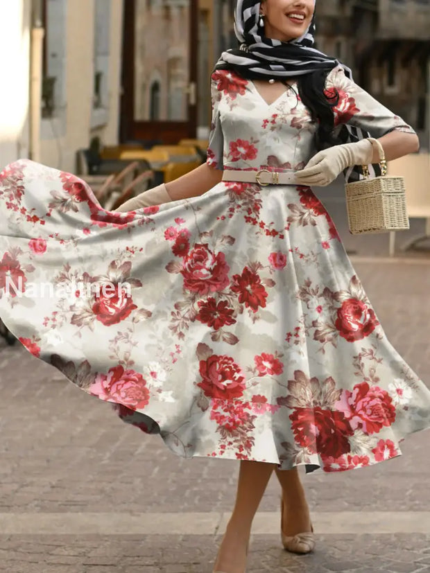 Women’s Vintage Floral Print Pocket Cotton Elegant Midi Dress A / S